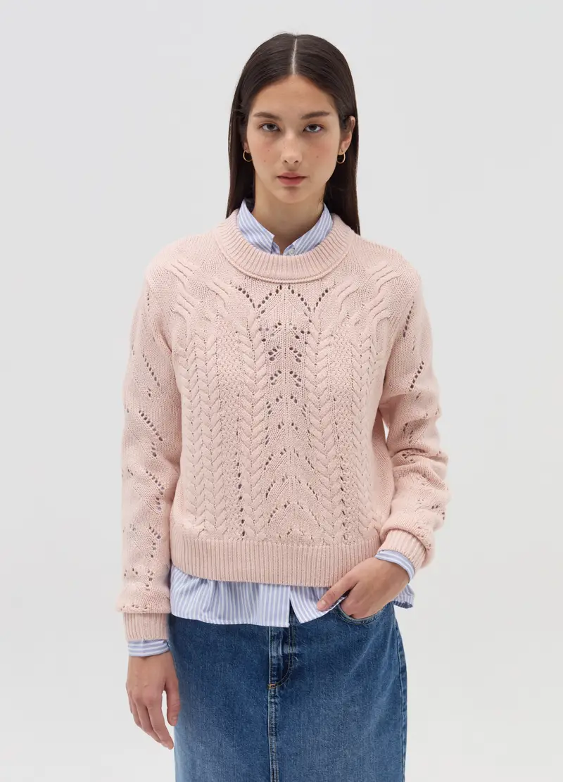 Pullover Crop Pointelle Lavorato A Trecce, Donna, Rosa miniatura 2