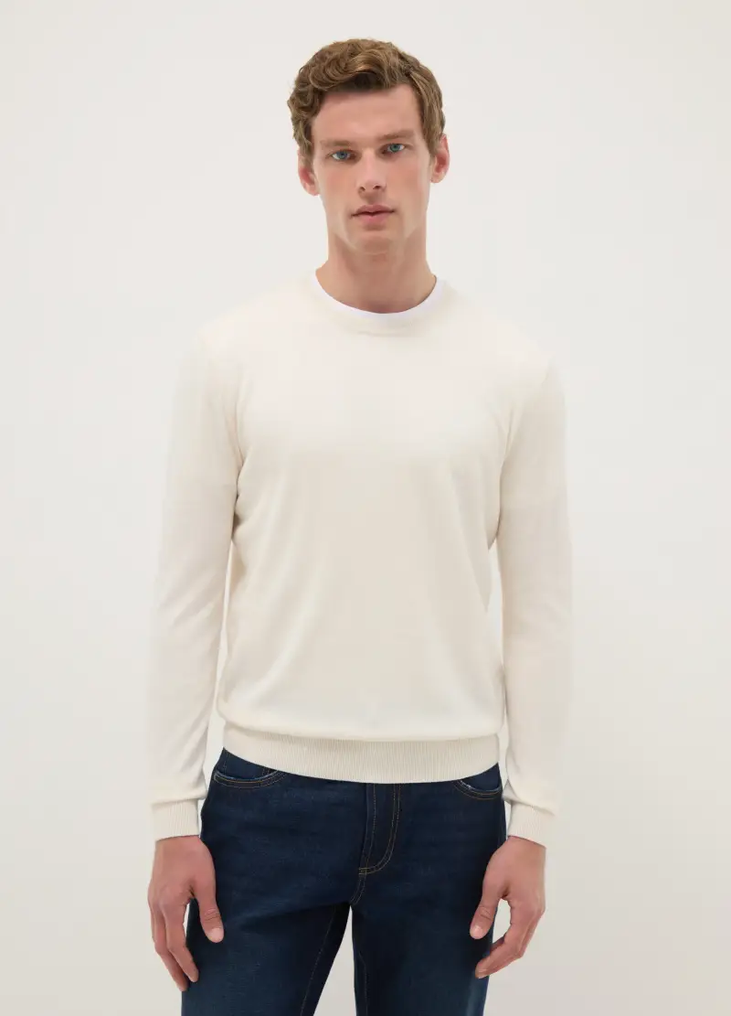 Pullover Girocollo Beige In Misto Cotone Regular Fit, Uomo, Beige