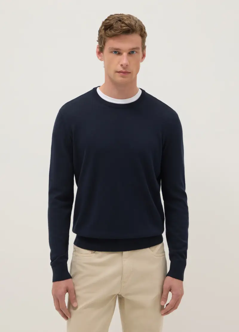 Pullover Girocollo Blu In Misto Cotone Regular Fit, Uomo, Blu