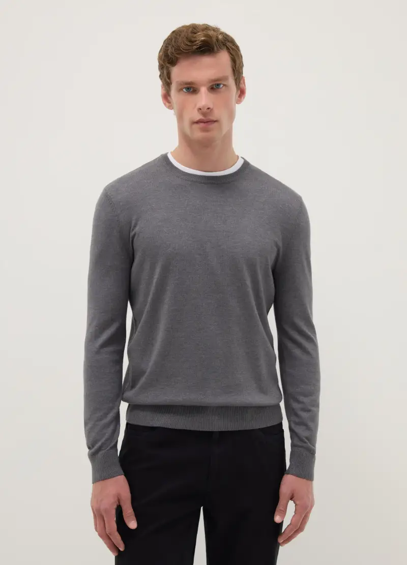 Pullover Girocollo Grigio In Misto Cotone Regular Fit, Uomo, Grigio