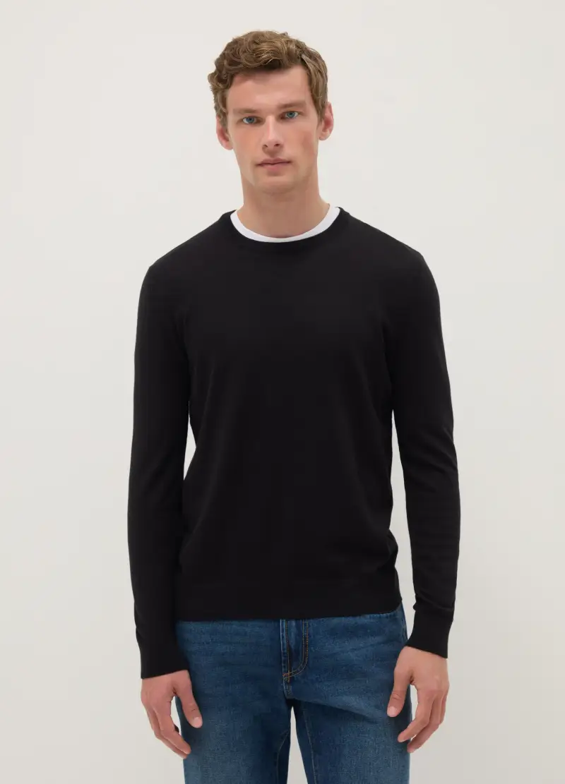 Pullover Girocollo Nero In Misto Cotone Regular Fit, Uomo, Nero