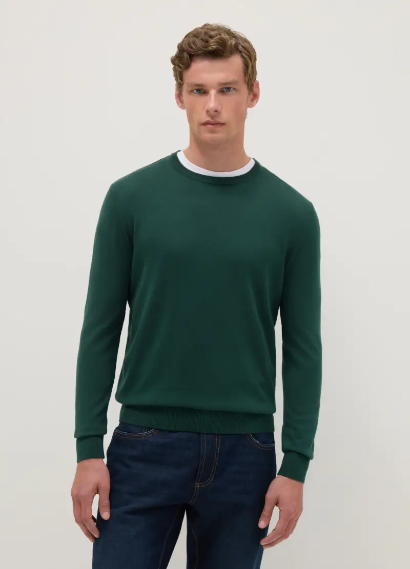 Pullover Girocollo Verde In Misto Cotone Regular Fit, Uomo, Verde