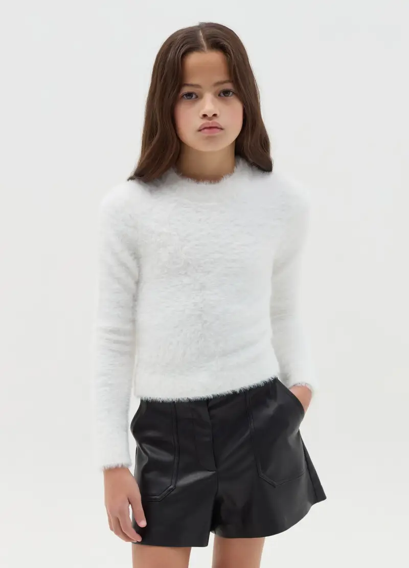 Pullover In Eco Pelliccia, Bambina, Bianco