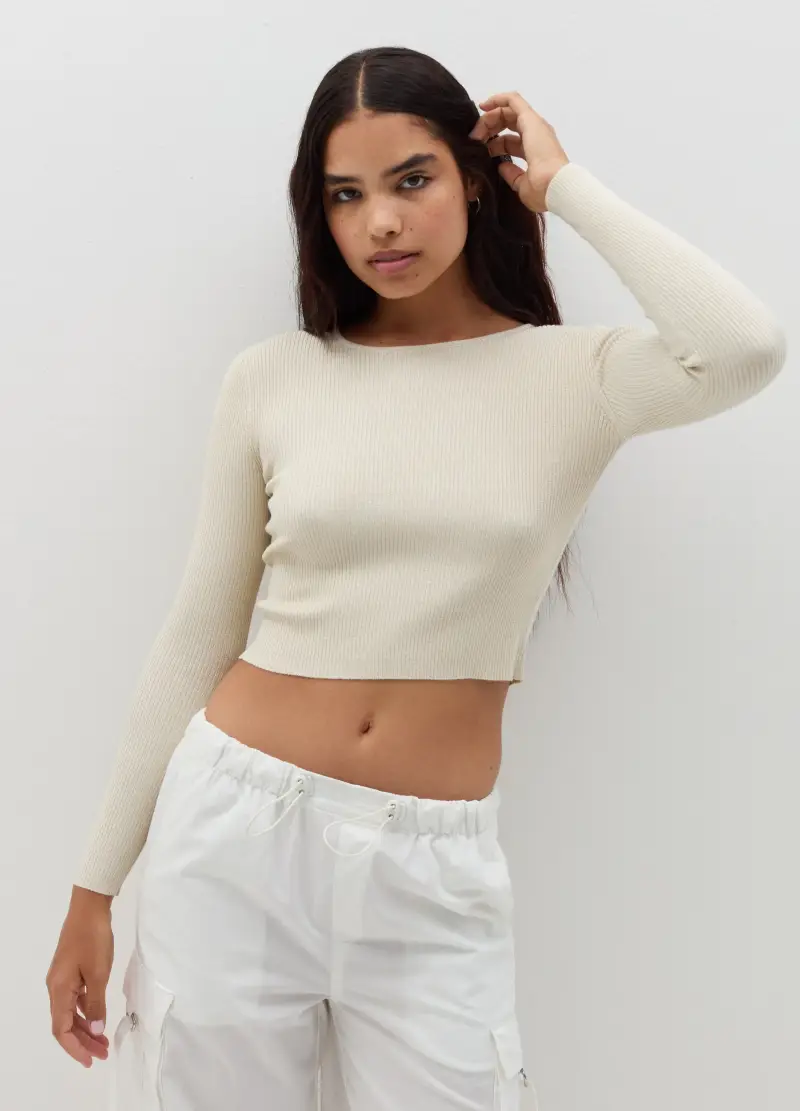 , Pullover In Lurex, Donna, Beige miniatura 3