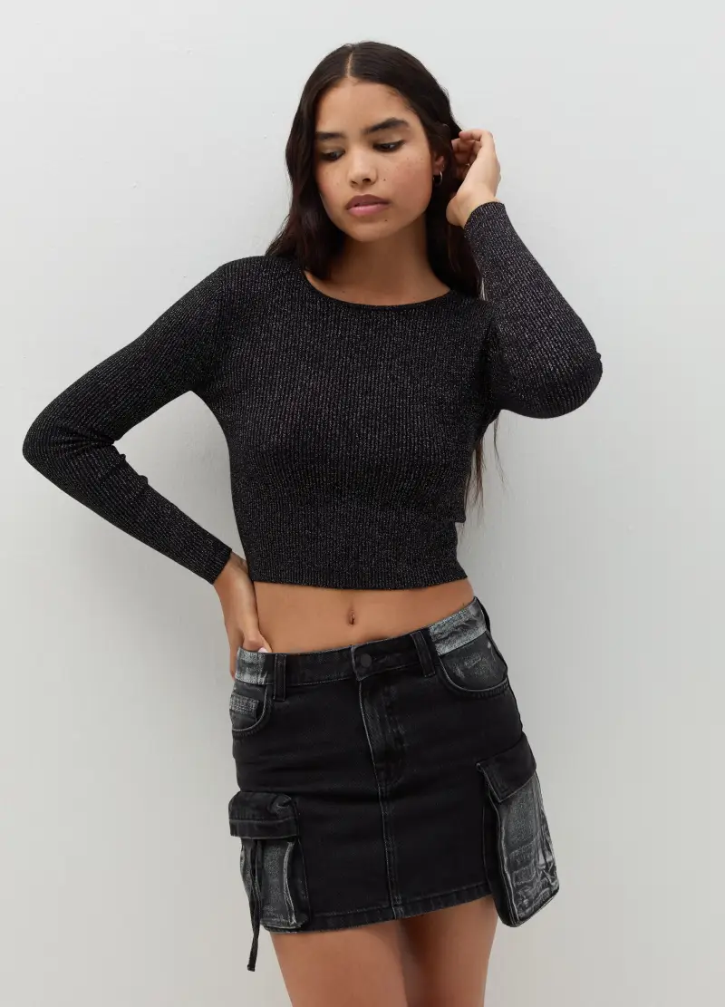 Pullover In Lurex, Donna, Nero miniatura 2