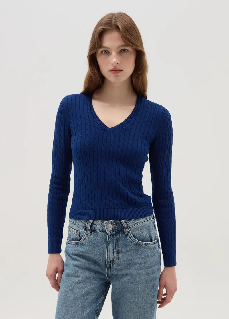 Pullover In Puro Cotone Con Lavorazione A Trecce, Donna, Blu miniatura 2