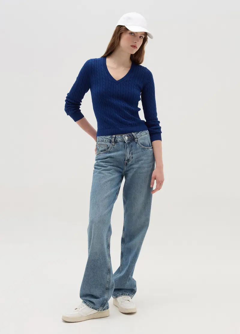 Pullover In Puro Cotone Con Lavorazione A Trecce, Donna, Blu