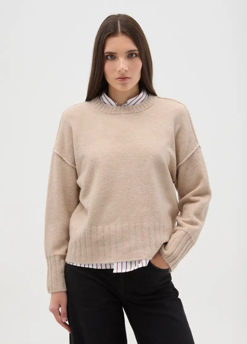 Pullover In Tessuto Elasticizzato Beige Vestibilità Over Con Girocollo, Donna, Beige miniatura 2