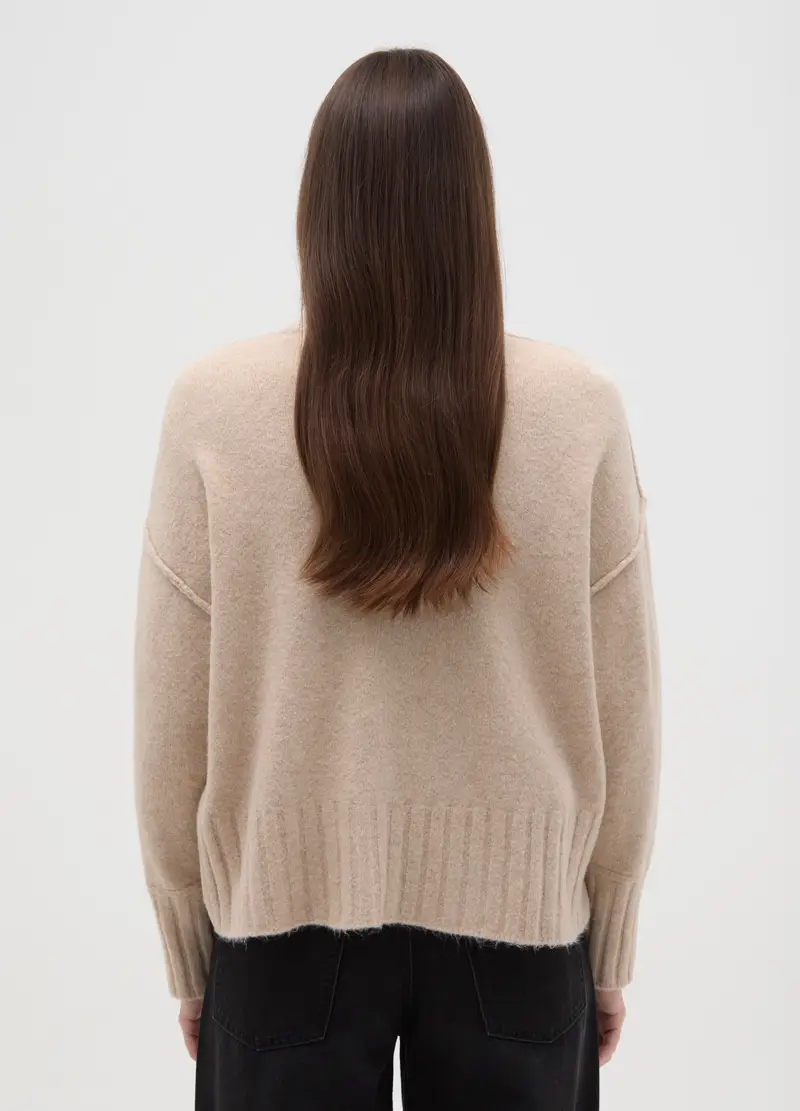 Pullover In Tessuto Elasticizzato Beige Vestibilità Over Con Girocollo, Donna, Beige miniatura 3