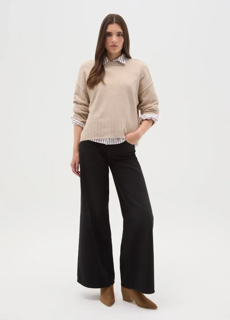 Pullover In Tessuto Elasticizzato Beige Vestibilità Over Con Girocollo, Donna, Beige