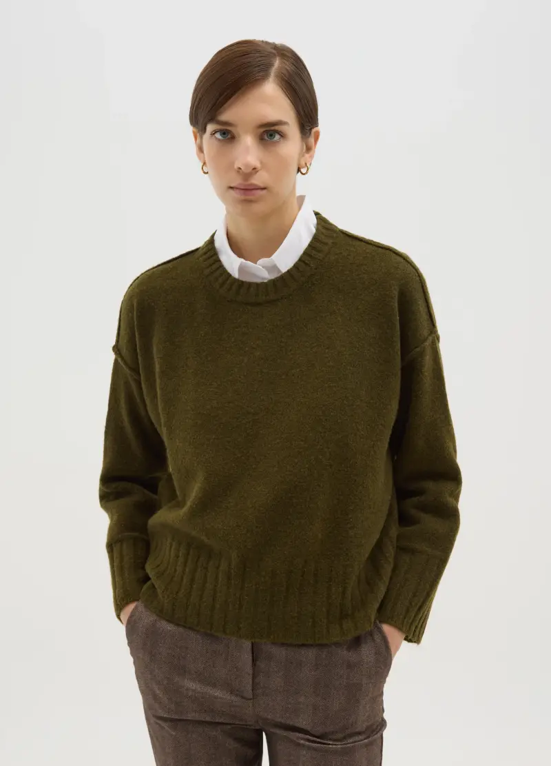 Pullover In Tessuto Elasticizzato Verde Vestibilità Over Con Girocollo, Donna, Verde