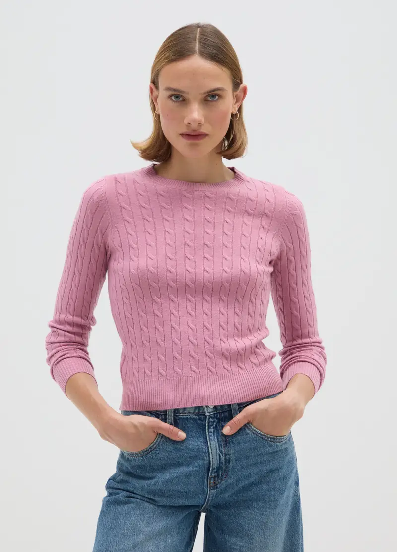 Pullover Rosa Con Collo Rotondo, Donna, Rosa miniatura 2