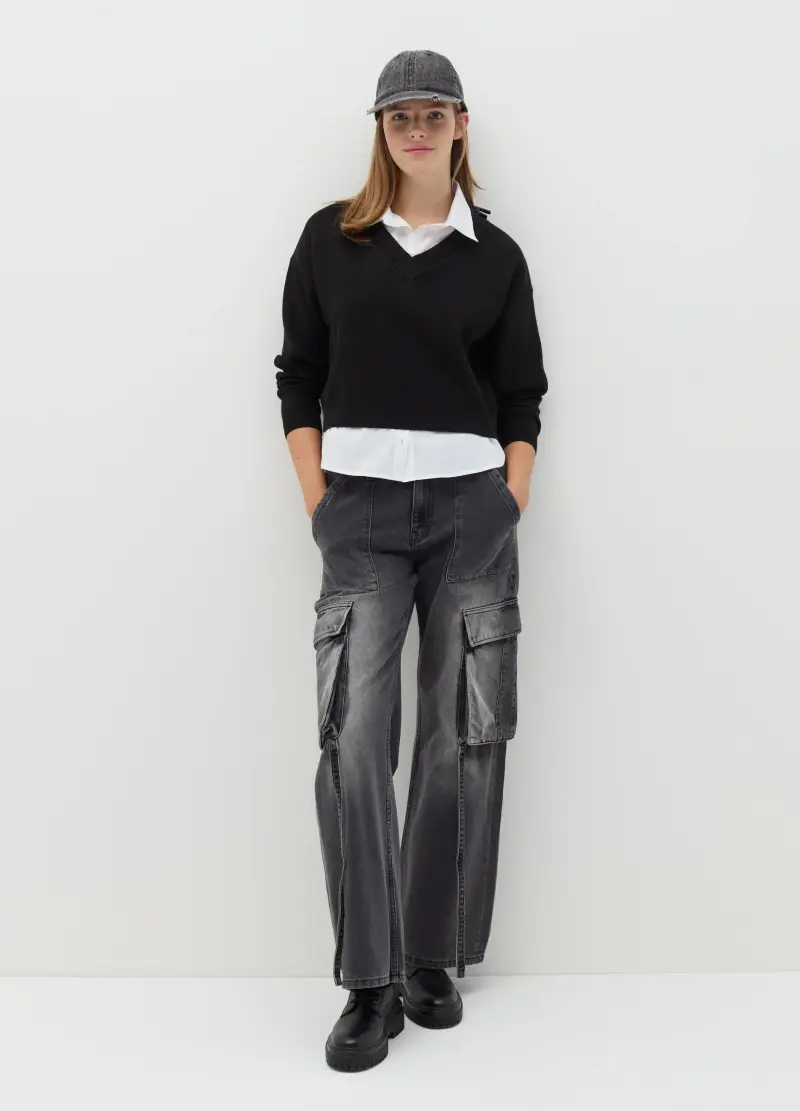 Pullover Scollo A V Con Camicia, Donna, Multicolor