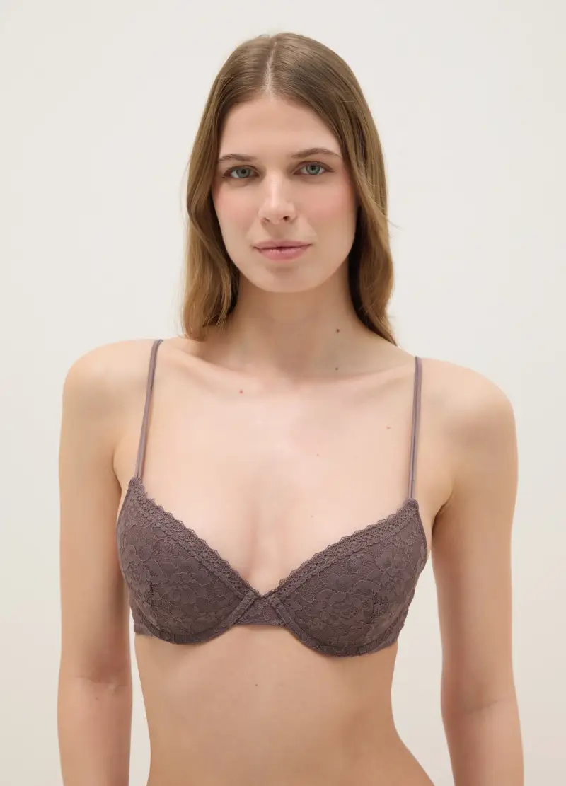 Reggiseno In Pizzo Grigio Con Imbottitura, Donna, Grigio
