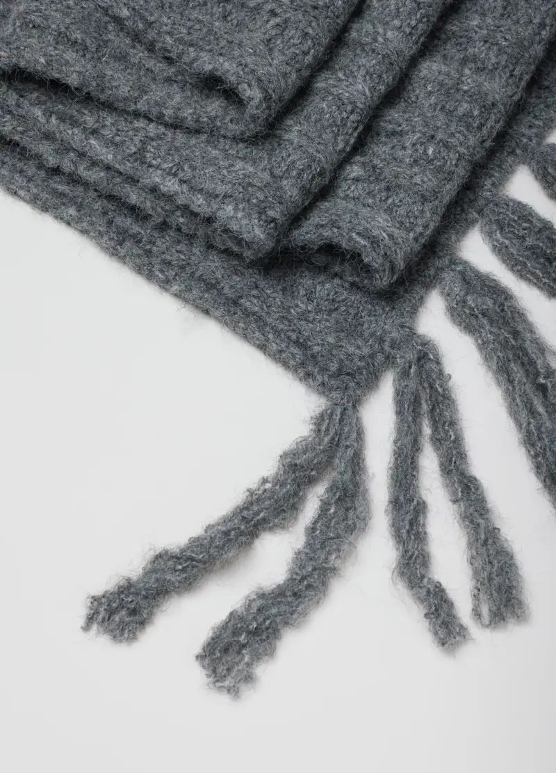 Sciarpa In Misto Lana Grigia Con Frange, Donna, Grigio miniatura 3