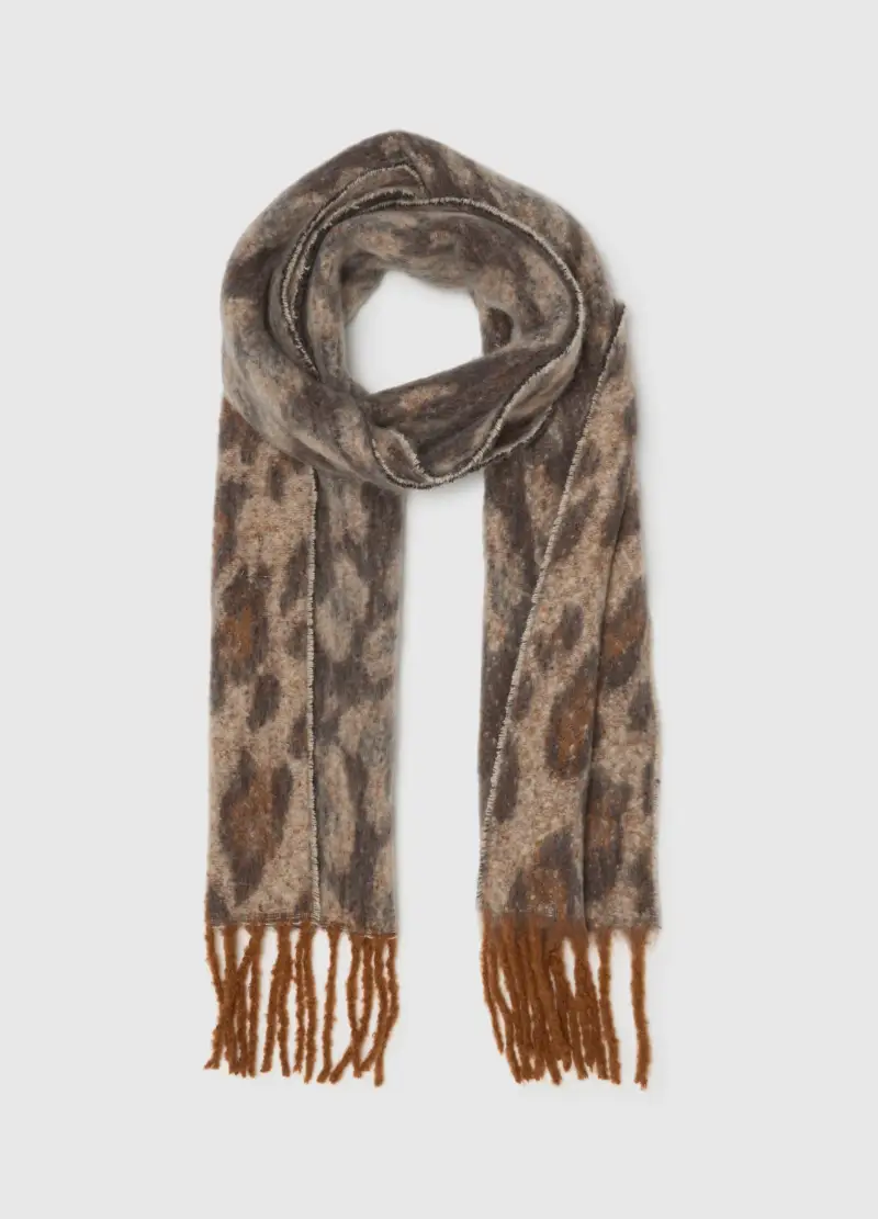 Sciarpa Leopardata Marrone Con Frange, Donna, Marrone