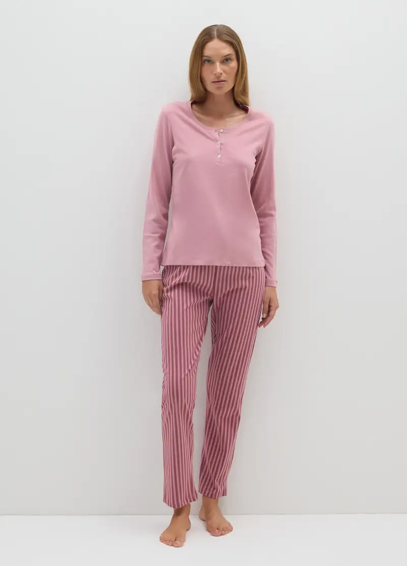Set Pigiama Lungo Rosa In Puro Cotone, Donna, Rosa