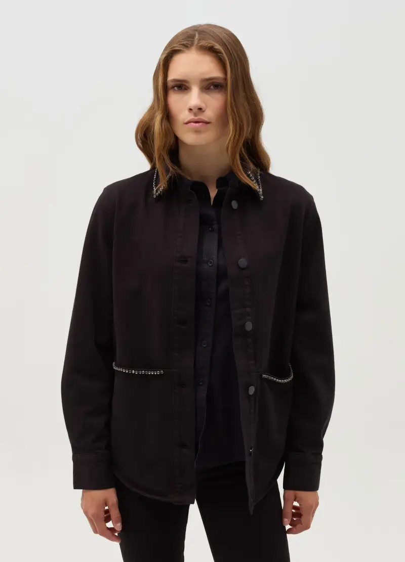 , Shacket Con Profili In Strass, Donna, Nero miniatura 2