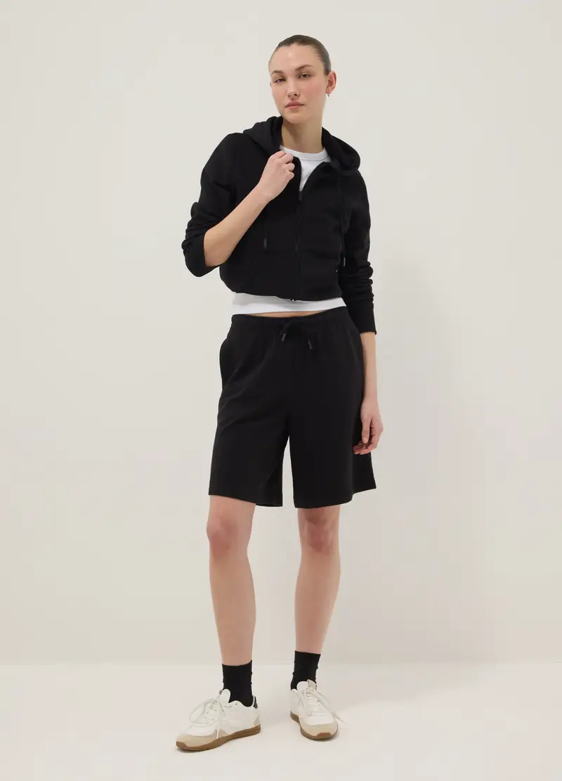Short In Misto Cotone Nero Regular Fit Con Vita Elasticizzata, Donna, Nero