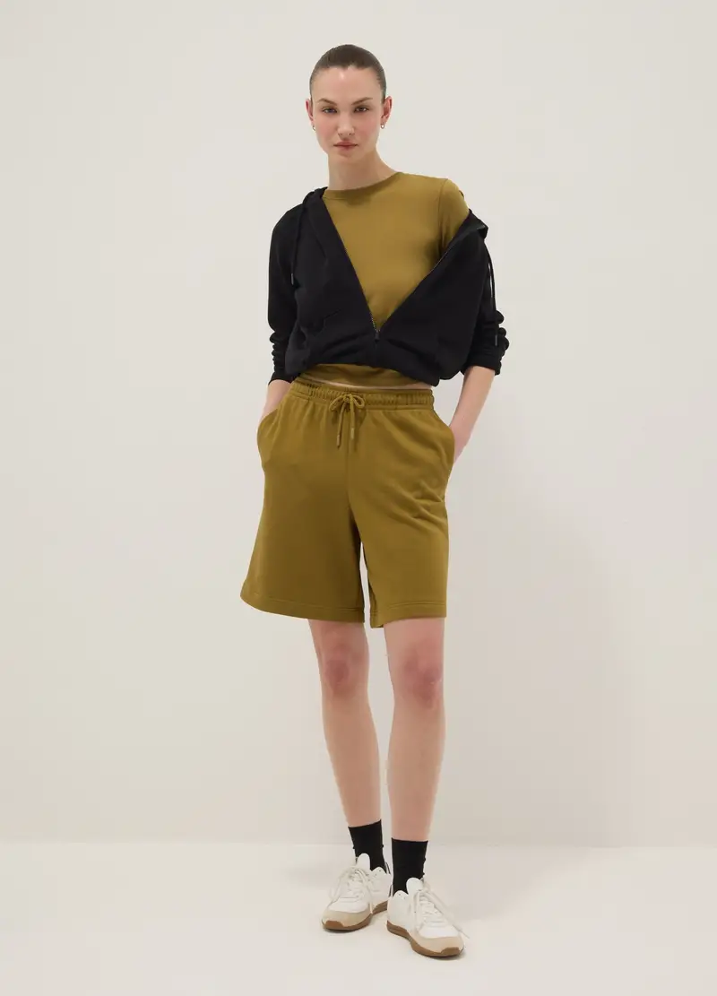 Short In Misto Cotone Verde Regular Fit Con Vita Elasticizzata, Donna, Verde