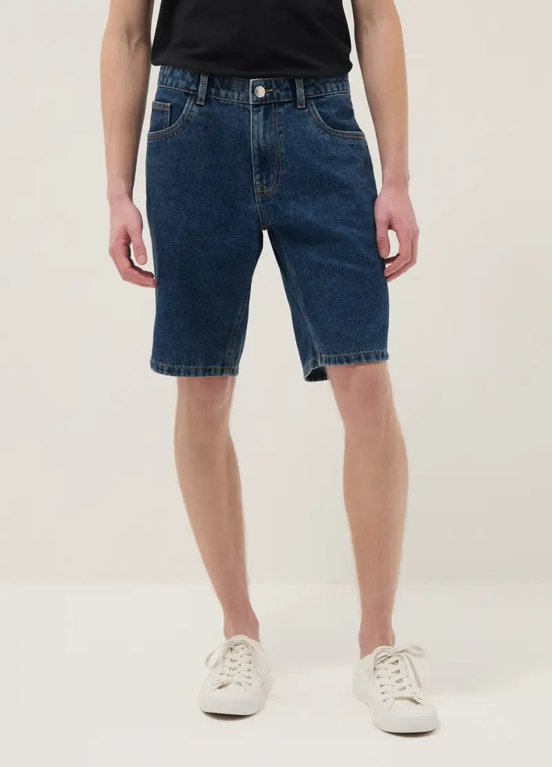 Shorts In Misto Cotone Denim Blu Slim Fit, Uomo, Denim miniatura 2