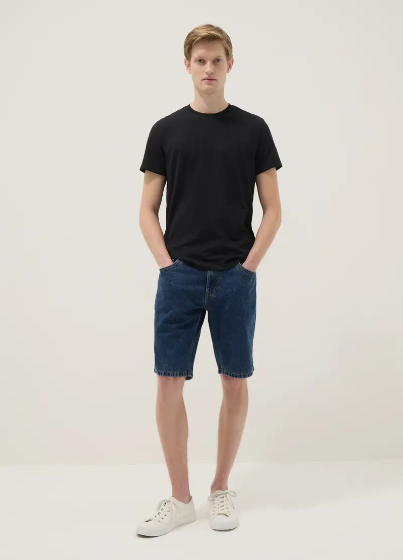 Shorts In Misto Cotone Denim Blu Slim Fit, Uomo, Denim