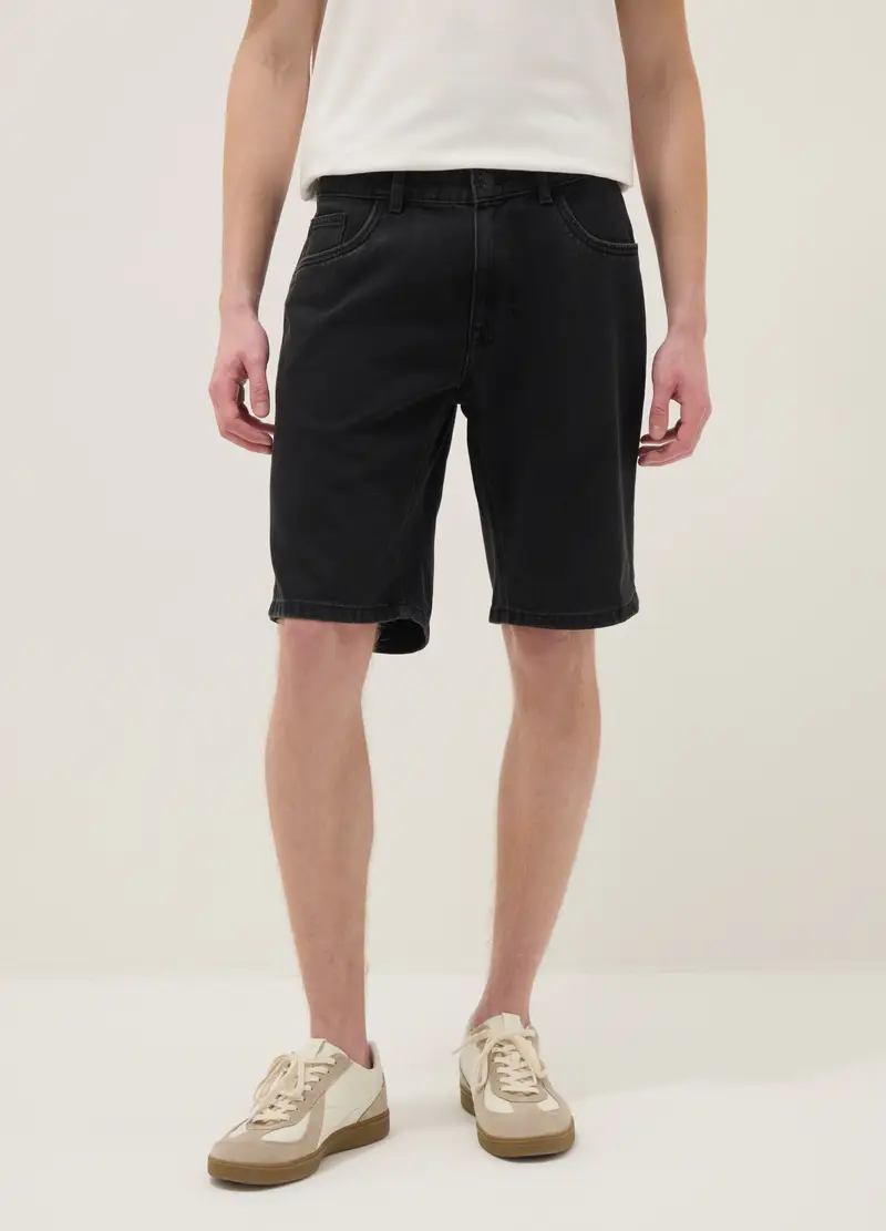 Shorts In Misto Cotone Denim Nero Slim Fit, Uomo, Nero miniatura 2