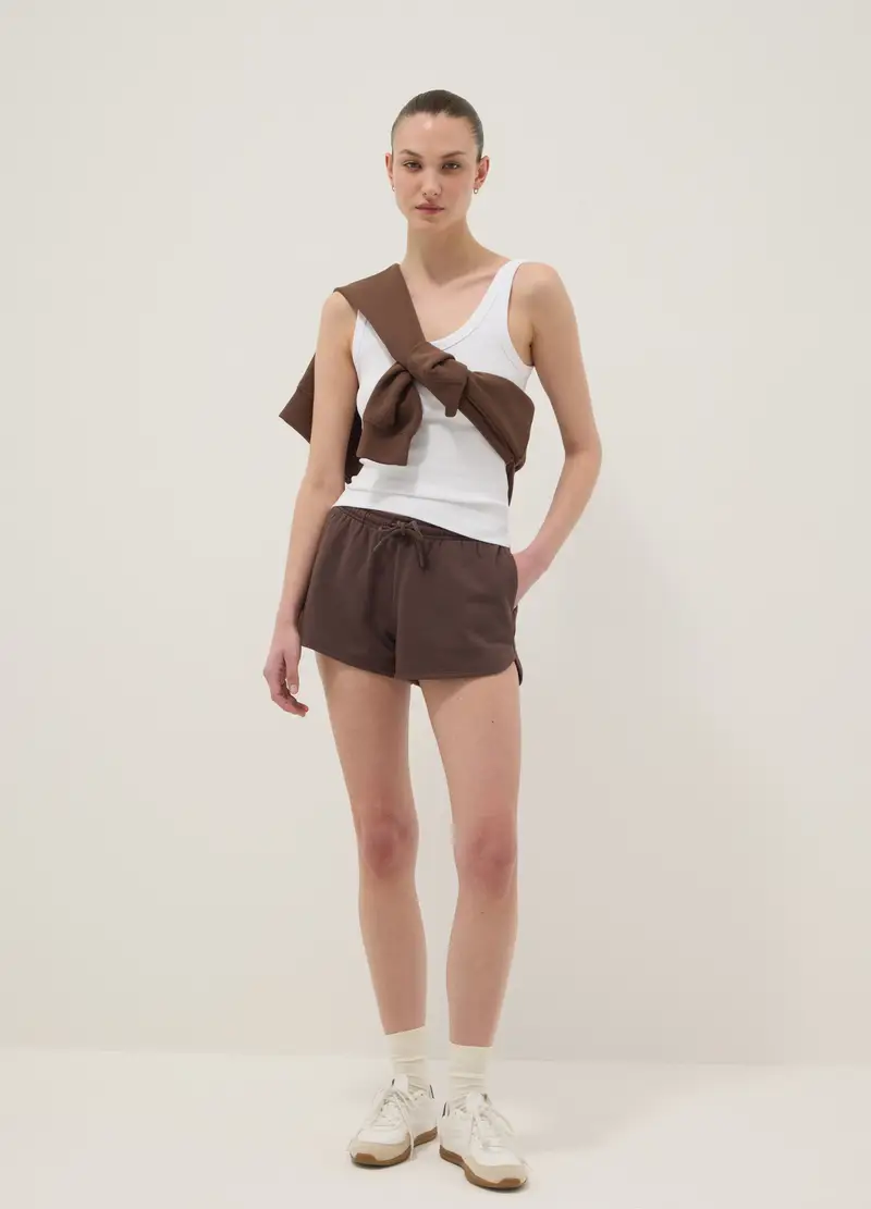 Shorts In Misto Cotone Marrone Regular Fit Con Coulisse, Donna, Marrone
