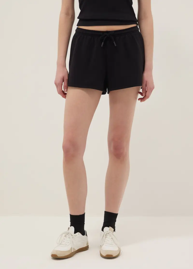 Shorts In Misto Cotone Nero Regular Fit Con Coulisse, Donna, Nero miniatura 2