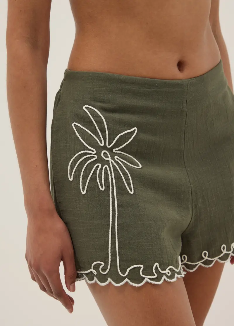 Shorts In Puro Cotone Verde Regular Fit Con Ricami, Donna, Verde miniatura 3