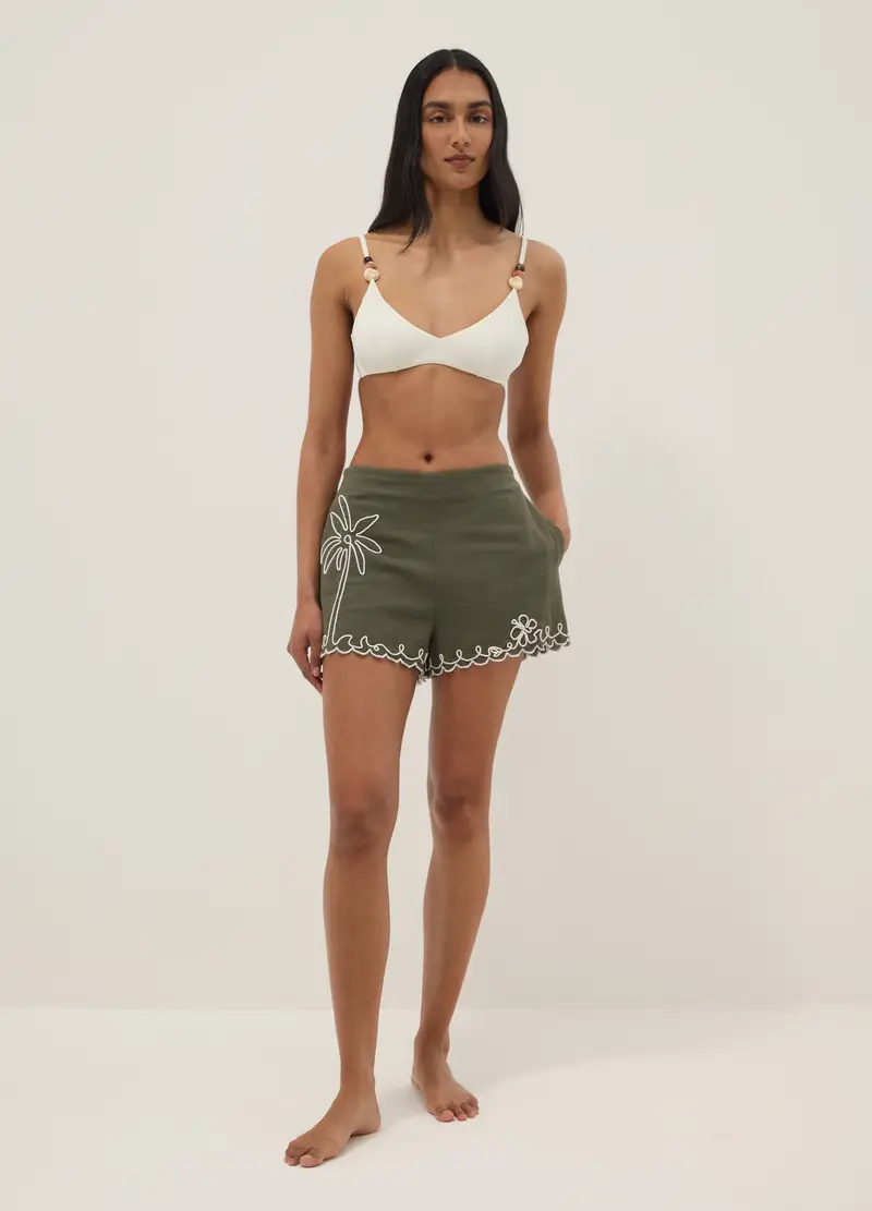 Shorts In Puro Cotone Verde Regular Fit Con Ricami, Donna, Verde