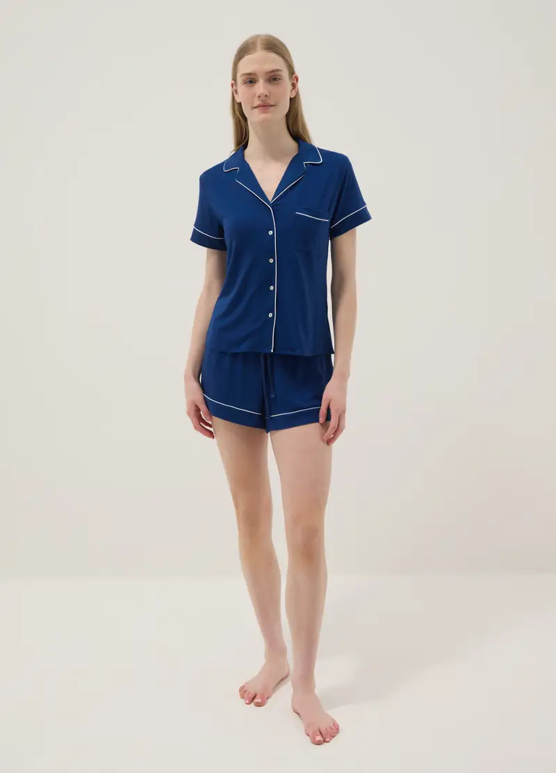 Shorts Pigiama In Misto Viscosa Elasticizzata Blu Regular Fit, Donna, Blu
