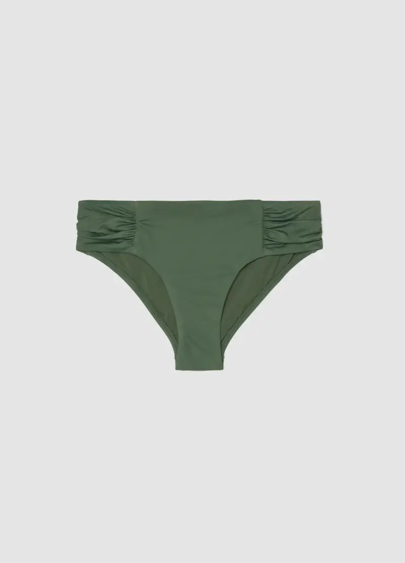Slip Da Bagno In Tessuto Elasticizzato Verde Con Pieghe Laterali, Donna, Verde