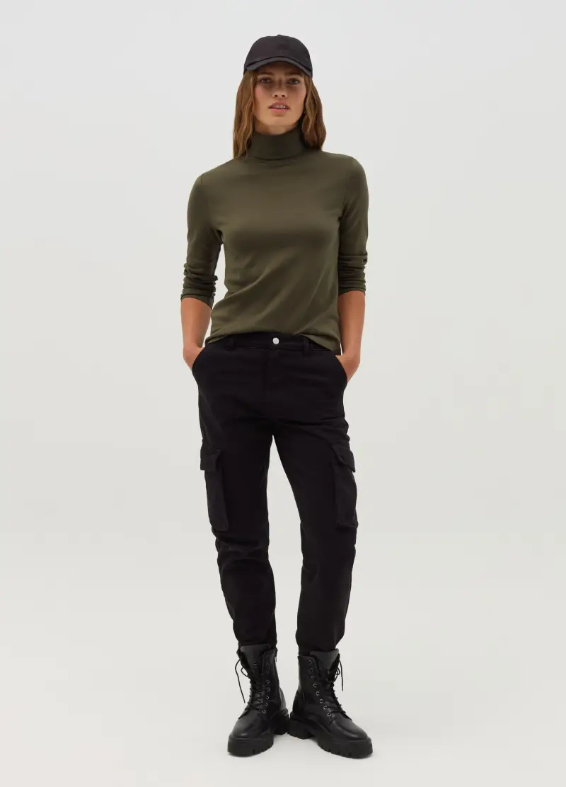 T-shirt A Collo Alto Con Maniche Lunghe, Donna, Verde