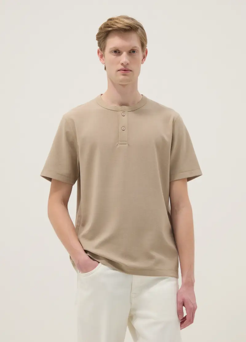 T-shirt A Maniche Corte Beige Regular Fit Con Collo Serafino, Uomo, Beige miniatura 3