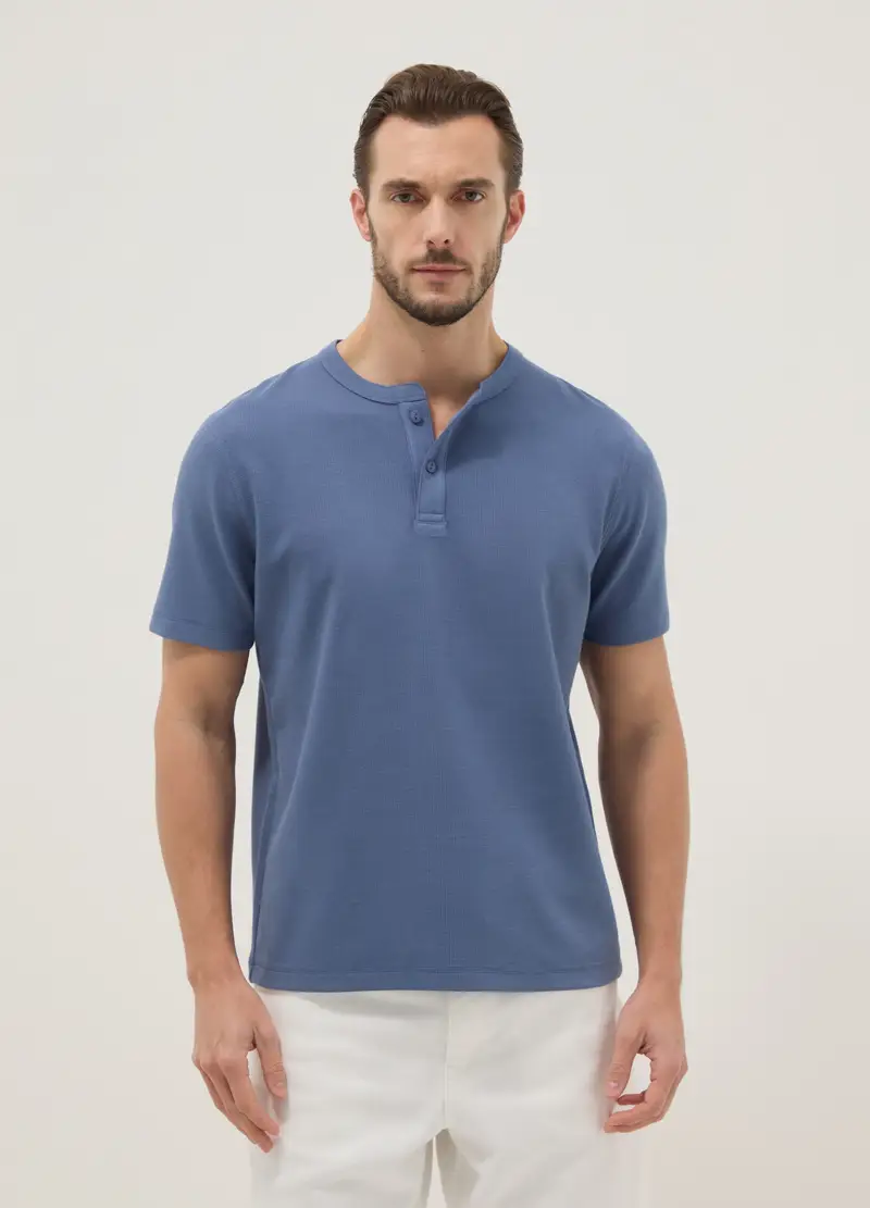 T-shirt A Maniche Corte Blu Regular Fit Con Collo Serafino, Uomo, Blu miniatura 3