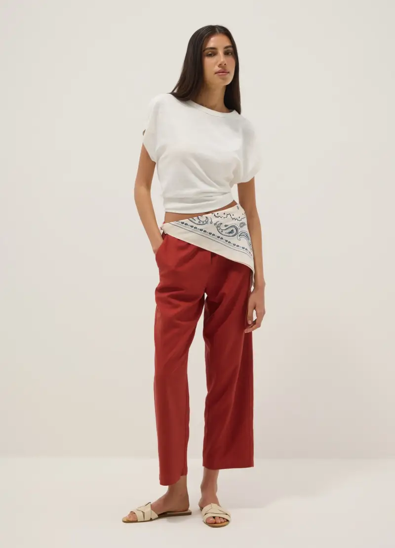 T-shirt A Maniche Corte In Misto Cotone E Lino Bianca Regular Fit, Donna, Bianco miniatura 2