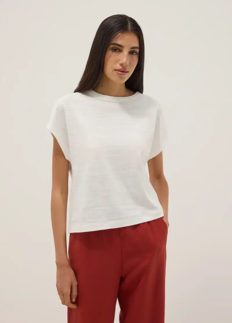 T-shirt A Maniche Corte In Misto Cotone E Lino Bianca Regular Fit, Donna, Bianco miniatura 3