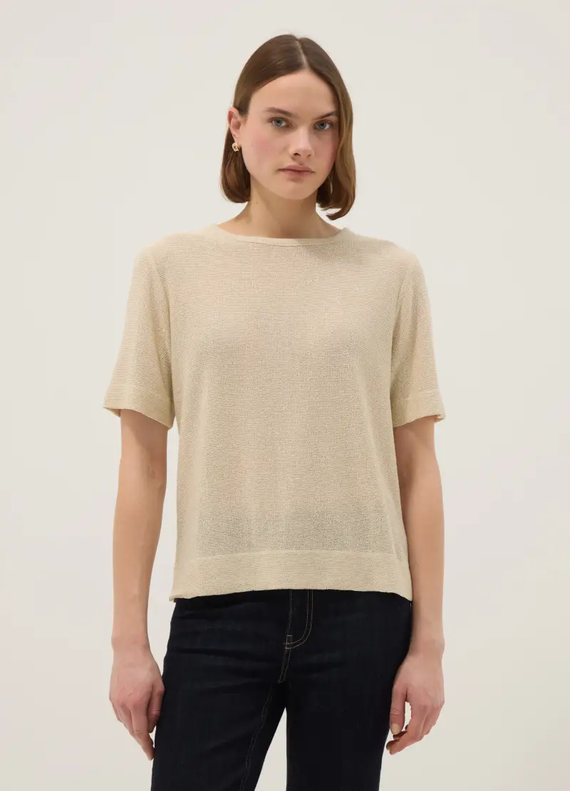 T-shirt A Maniche Corte In Misto Viscosa Beige Regular Fit, Donna, Beige miniatura 3