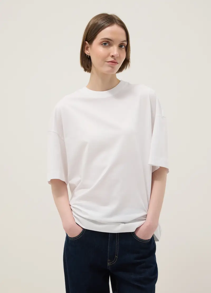 T-shirt A Maniche Corte In Puro Cotone Bianca Oversize Fit, Donna, Bianco miniatura 2