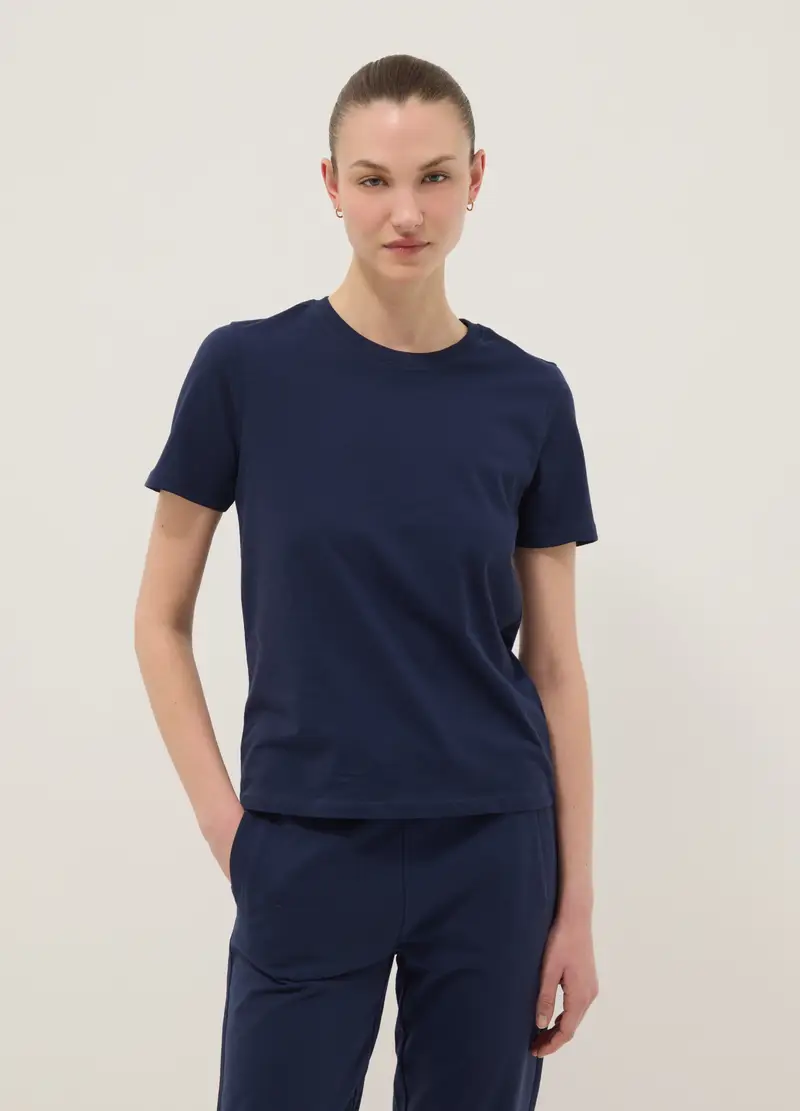 T-shirt A Maniche Corte In Puro Cotone Blu Regular Fit, Donna, Blu miniatura 3