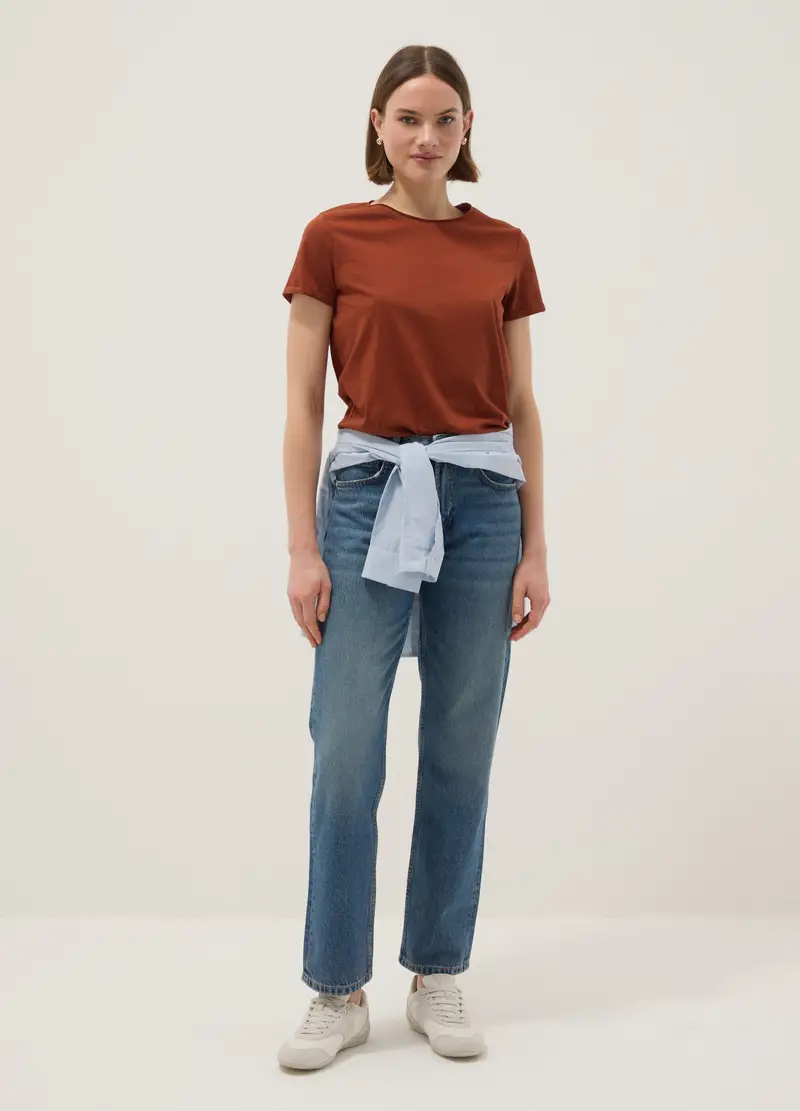 T-shirt A Maniche Corte In Puro Cotone Marrone Regular Fit, Donna, Marrone miniatura 3