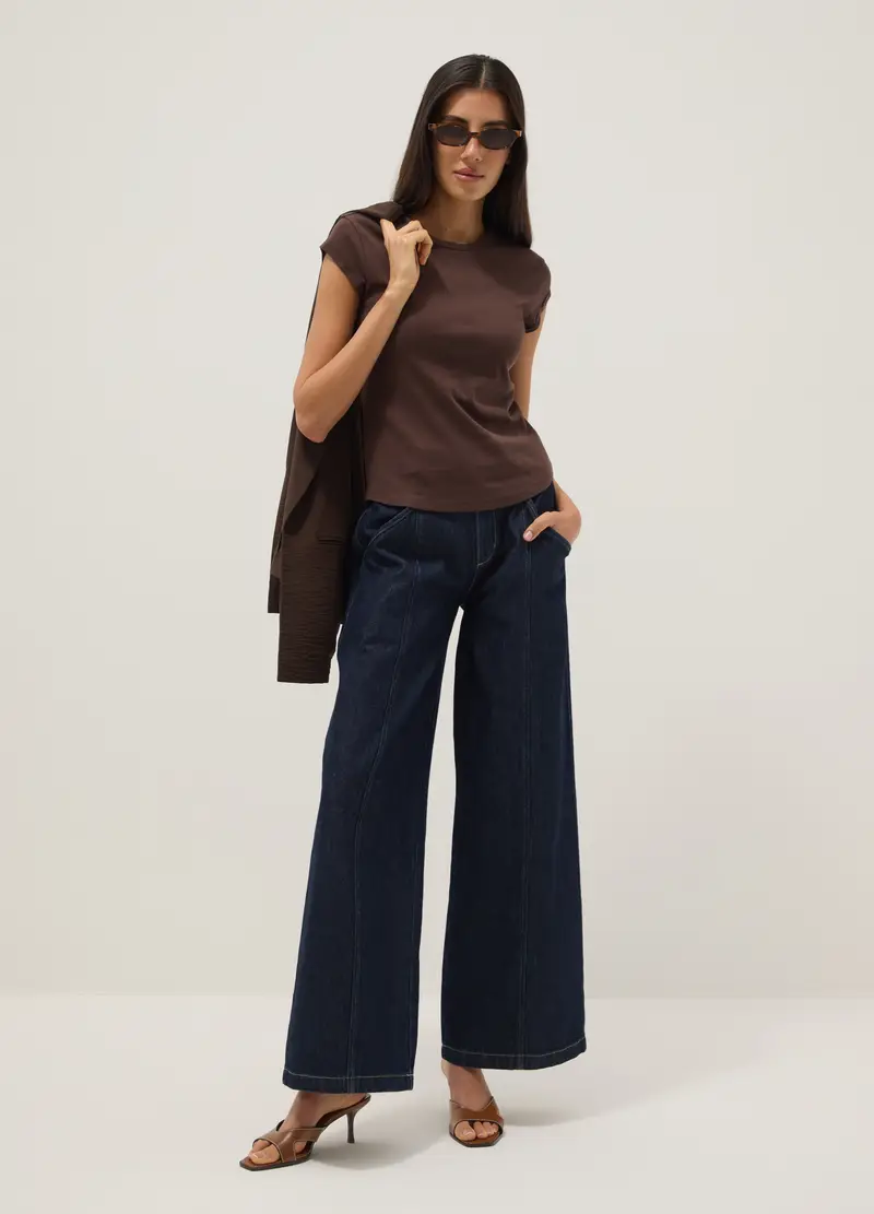 T-shirt A Maniche Corte In Puro Cotone Marrone Regular Fit, Donna, Marrone miniatura 2