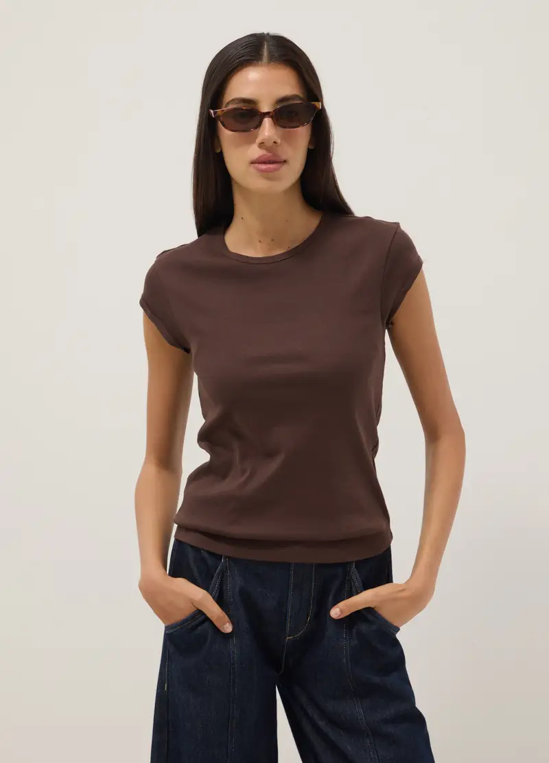 T-shirt A Maniche Corte In Puro Cotone Marrone Regular Fit, Donna, Marrone miniatura 3