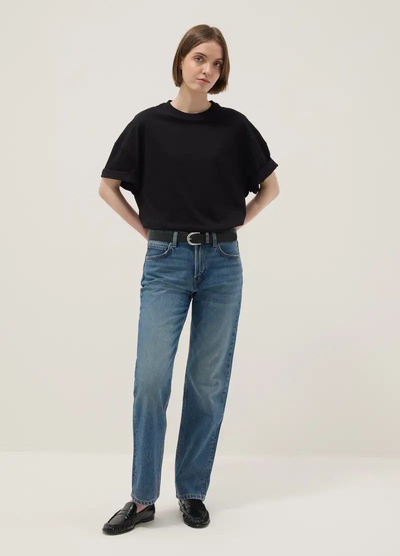 T-shirt A Maniche Corte In Puro Cotone Nera Oversize Fit, Donna, Nero miniatura 2