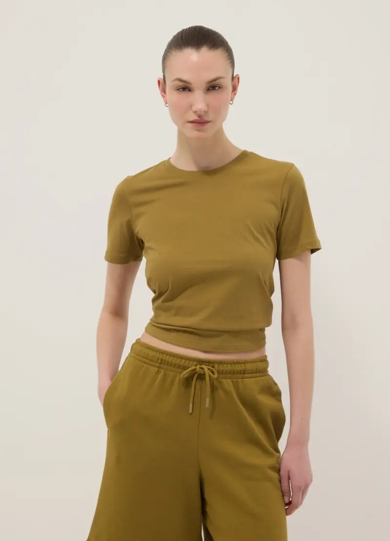 T-shirt A Maniche Corte In Puro Cotone Verde Regular Fit, Donna, Verde miniatura 3