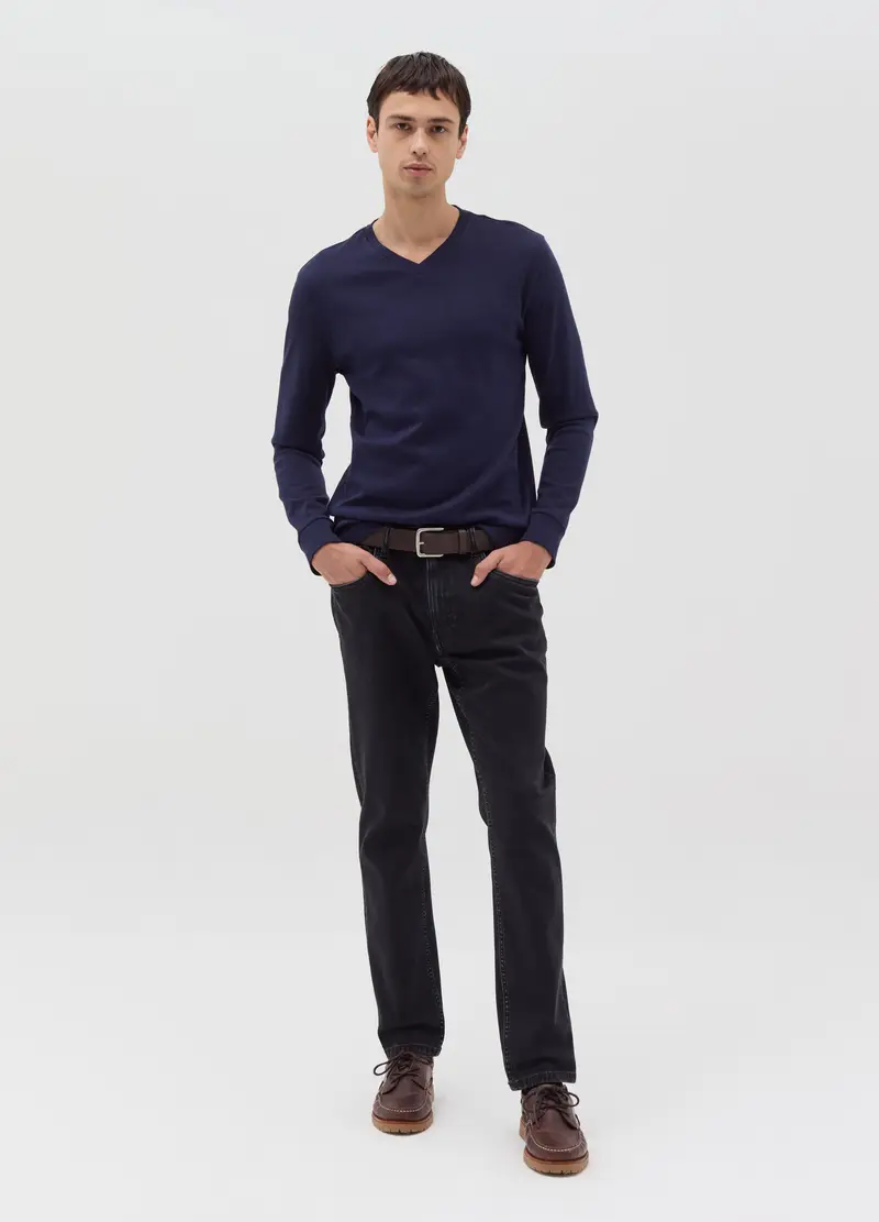 T-shirt A Maniche Lunghe Con Scollo A V, Uomo, Blu