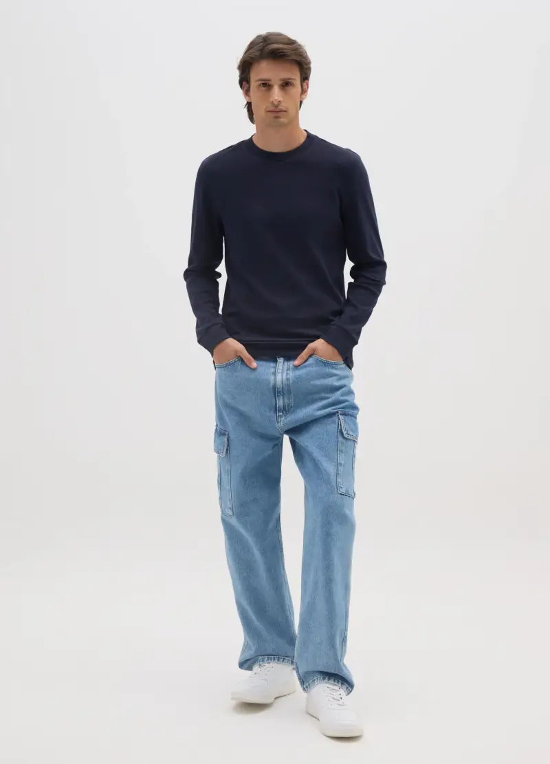 T-shirt A Maniche Lunghe In Puro Cotone Blu, Uomo, Blu