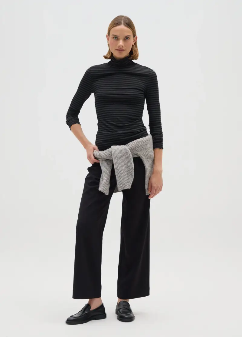 T-shirt A Maniche Lunghe Nera A Righe Grigie Regular Fit, Donna, Multicolor