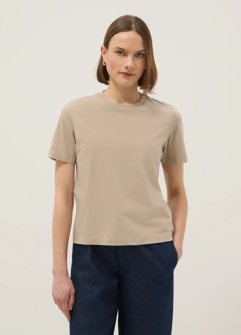 T-shirt Beige Girocollo In Puro Cotone Italiano Regular Fit, Donna, Beige